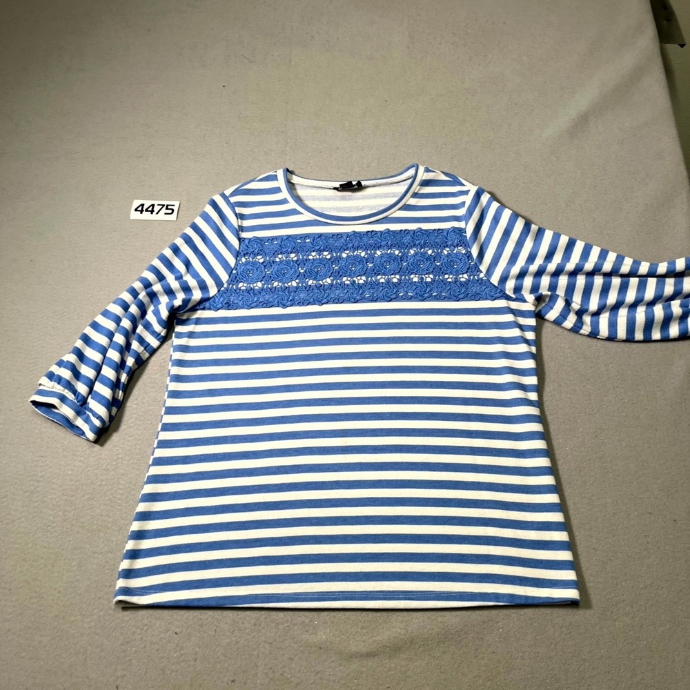 Basic Editions Shirt Womens Large Blue White Striped Lace Detail Puff Sleeve